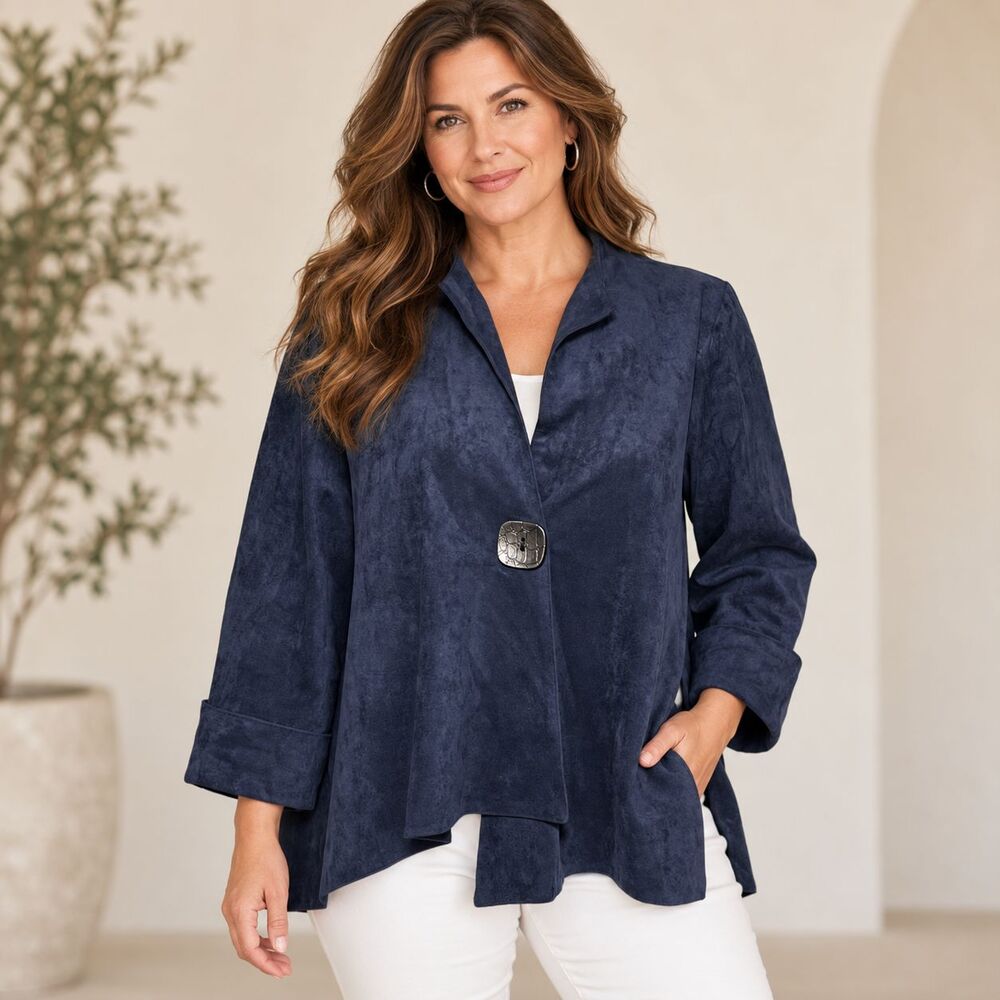 IC by Connie K Jacket XXL Navy Blue Faux Suede Asymmetrical Lagenlook 1488J